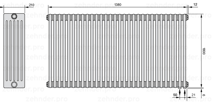 Схема (чертеж) Радиатор Zehnder Charleston 6180/30 №5510 Белый глянцевый RAL 9016